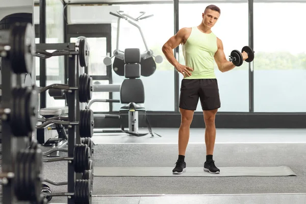 Full Length Portrait Fit Young Man Sportswear Exercising Dumbbell Gym — Stock Photo, Image