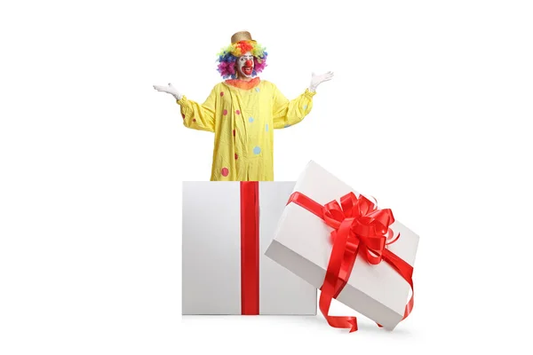 Clown Kommt Aus Einem Großen Geschenkkarton Isoliert Auf Weißem Hintergrund — Stockfoto