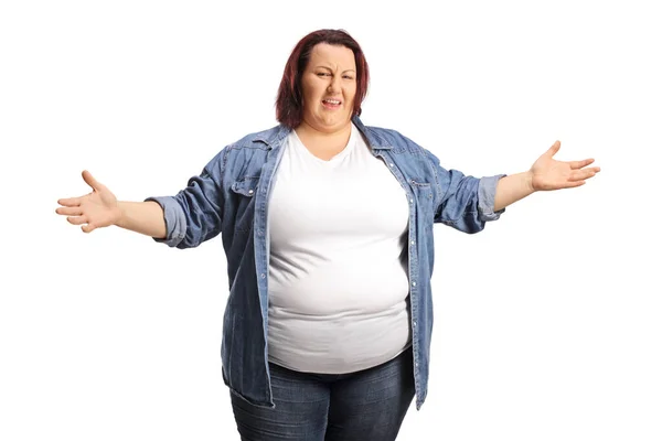 Angry Young Overweight Woman Gesturing Hands Isolated White Background — Stock Photo, Image