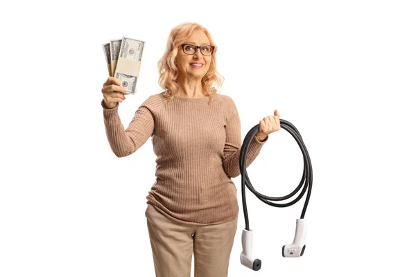 Woman Holding Money Cables Charging Isolated White Background — Stock Photo, Image
