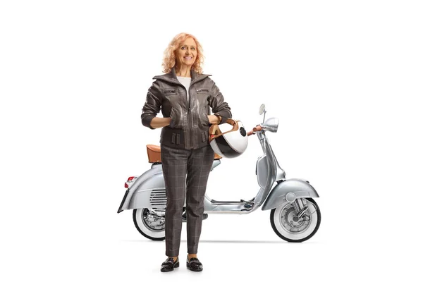 Full Length Portrait Stylish Mature Woman Standing Scooter Isolated White — Stock Photo, Image