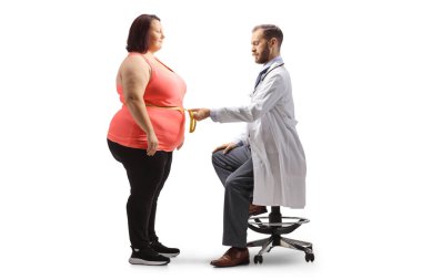 Doctor measuring waist on an overweight woman isolated on white background clipart