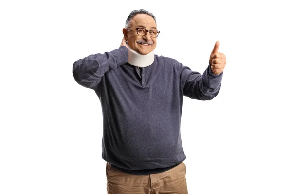 Mature Man Cervical Collar Holding His Neck Gesturing Thumbs Isolated — Stock Photo, Image