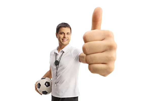 Football Coach Holding Ball Gesturing Thumbs Isolated White Backgroun — Stock Photo, Image