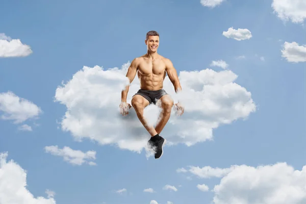 Shirtless Bodybuilder Sitting Cloud Sky — Stock Photo, Image