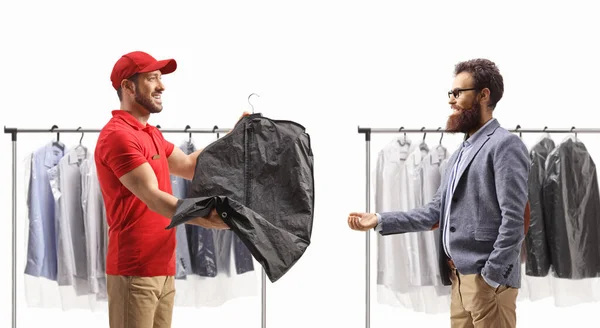 Man Delivering Dry Cleaned Clothes Bearded Man Isolated White Background — Stock Photo, Image