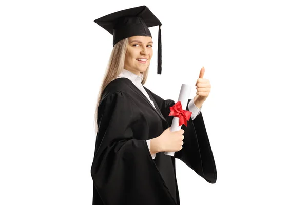 持有文凭的女研究生 在白人背景下被孤立地竖起大拇指 — 图库照片