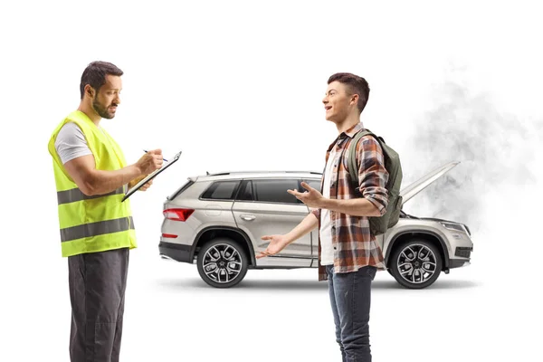 Male Student Talking Roadside Assistant Front Suv Problem Isolated White — Stock Photo, Image