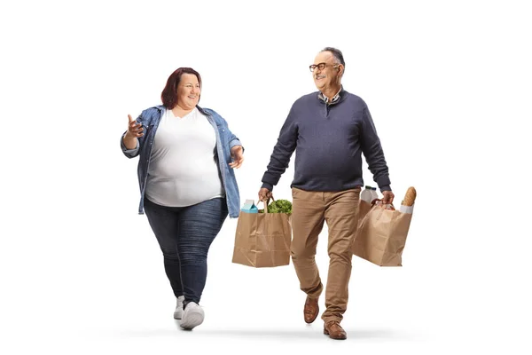 Full Length Portrait Mature Man Grocery Bags Walking Corpulent Young — Stock Photo, Image