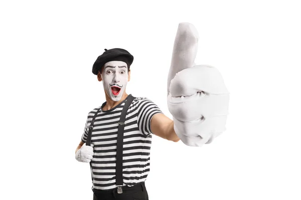 Cheerful Mime Gesturing Thumb Sign Isolated White Background — Stock Photo, Image