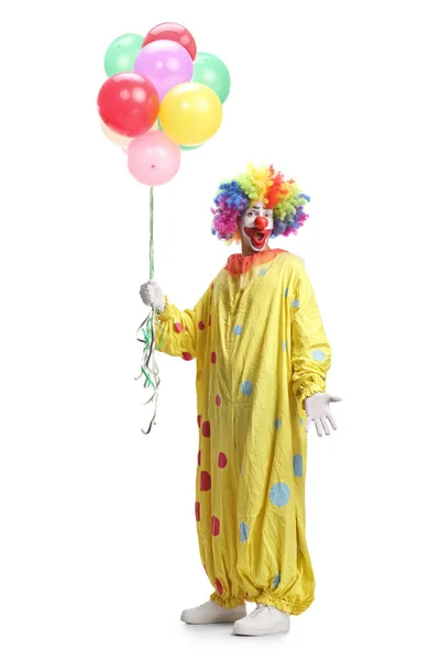 Full Length Portrait Clown Yellow Costume Holding Balloons Isolated White — Stock Photo, Image