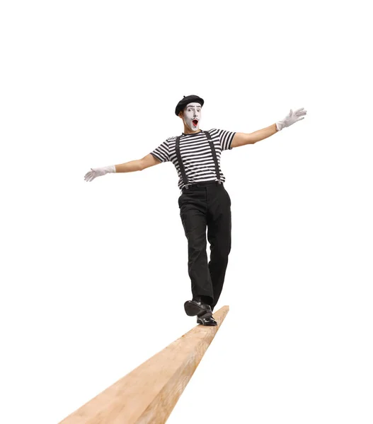 Cheerful Mime Walking Wooden Beam Isolated White Background — Stock Photo, Image