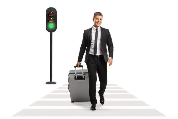 Full Length Portrait Businessman Walking Pulling Suitcase Pedestrian Crossing Isolated — Stock Photo, Image