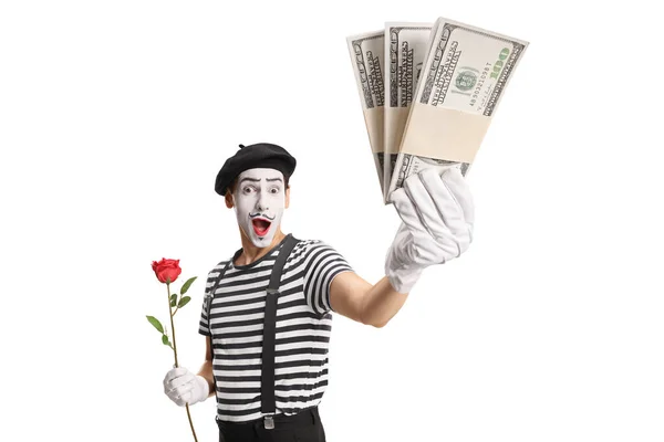 Mime Mit Roter Rose Und Geldstapeln Auf Weißem Hintergrund — Stockfoto