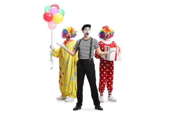 Full Length Portrait Two Clowns Mime Posing Isolated White Background — Stock Photo, Image