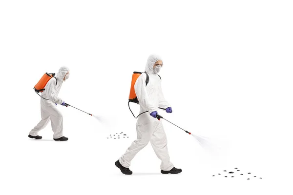 Team Pest Control Professionals White Suits Spraying Cockroaches Isolated White — Stock Photo, Image