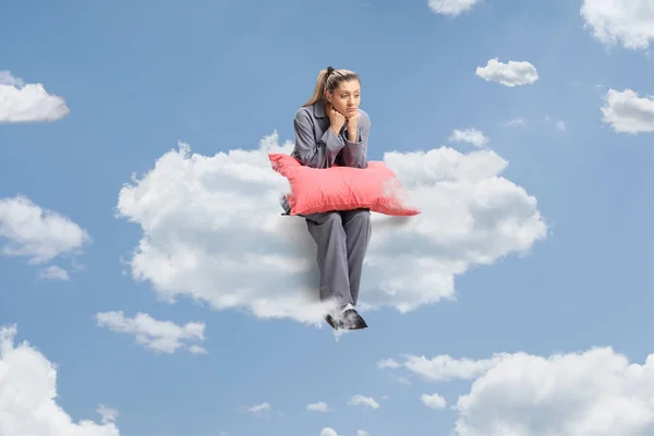 Pensive Young Woman Pajamas Pillow Sitting Cloud Sky — Stock Photo, Image