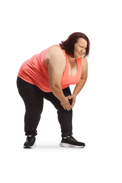 Junge Übergewichtige Frau Leidet Unter Knieschmerzen Isoliert Auf Weißem Hintergrund — Stockfoto