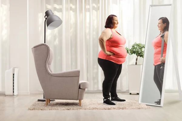 Overweight Woman Looking Slimmer Version Herself Mirror Home — Stock Photo, Image