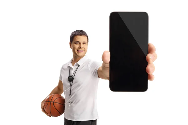 Basketbol Koçu Elinde Bir Top Tutuyor Beyaz Arka Planda Izole — Stok fotoğraf