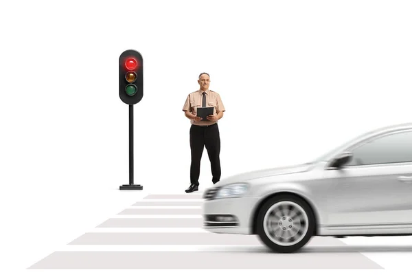 Security Guard Standing Traffic Lights Isolated White Background — Stock Photo, Image