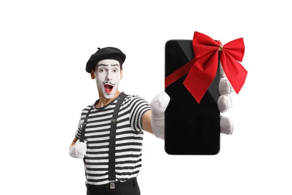 Mime Toont Een Mobiele Telefoon Met Een Rode Strik Geïsoleerd — Stockfoto