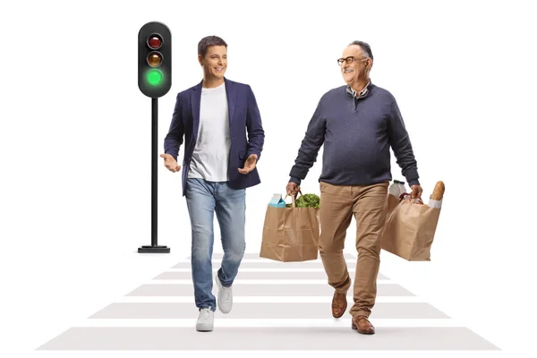 Young Man Mature Man Grocery Bags Walking Pedestrian Crosswalk Talking — Stock Photo, Image