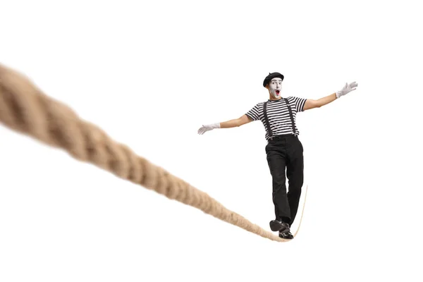 Excited Mime Walking Tightrope Isolated White Background — Stock Photo, Image