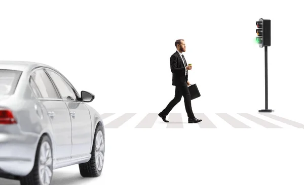 Car Waiting Pedestrian Businessman Walking Briefcase Takeaway Coffee Isolated White — Stock Photo, Image