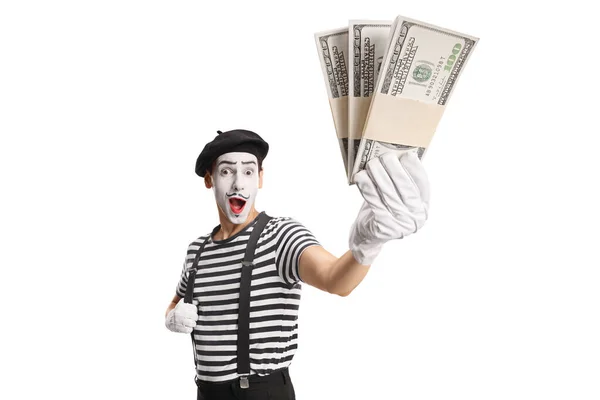 Mime Holding Stacks Money Isolated White Background — Stock Photo, Image