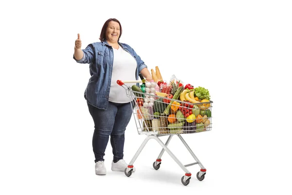 Full Length Shot Overweight Woman Standing Full Shopping Cart Gesturing — Stock Photo, Image