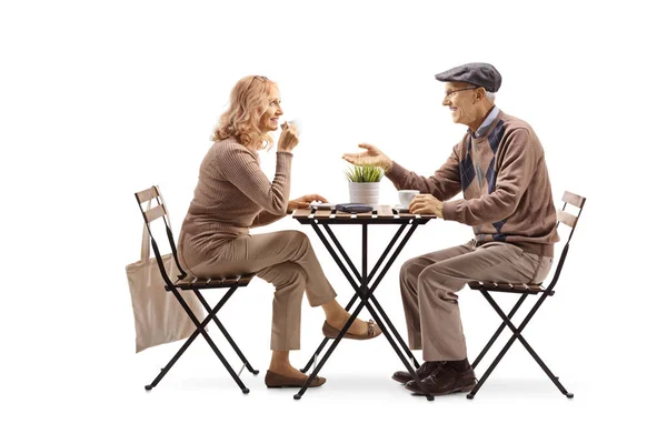 Woman Elderly Man Sitting Table Having Cup Coffee Isolated White — Stock Photo, Image