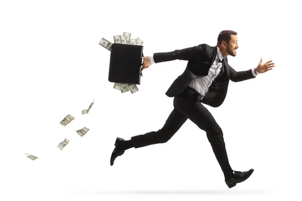 Full Length Profile Shot Businessman Running Fast Carrying Briefcase Money — Stock Photo, Image