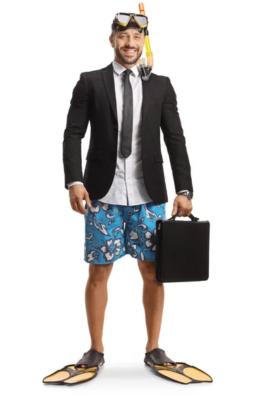 Businessman Swimsuit Snorkelling Fins Mask Holding Briefcase Isolated White Background — Stock Photo, Image