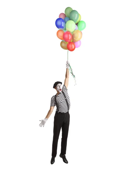 Mime Vliegen Houden Een Bos Ballonnen Geïsoleerd Witte Achtergrond — Stockfoto