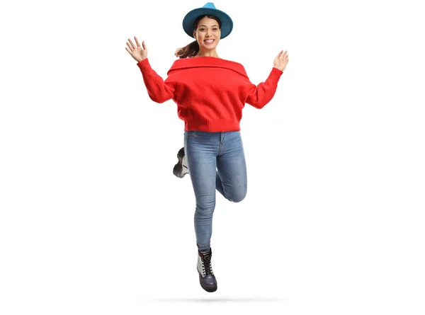 Vrolijke Jonge Vrouw Een Rode Blouse Springen Lucht Geïsoleerd Witte — Stockfoto