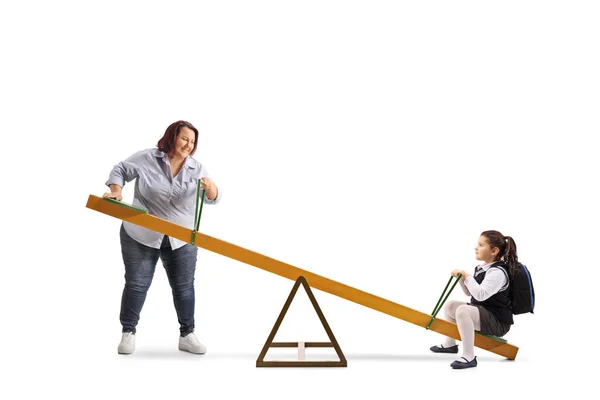 Mother Playing Daughter Seesaw Isolated White Background — Stock Photo, Image