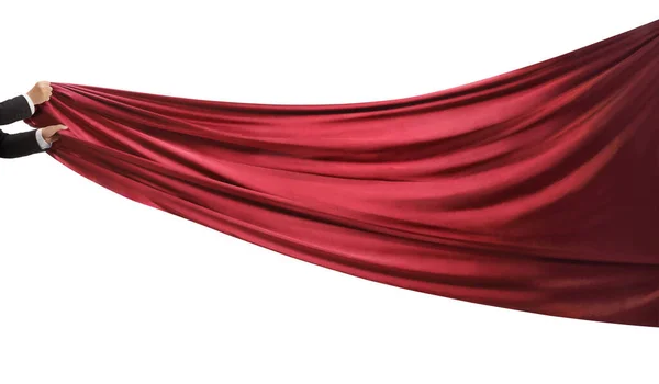 Mani Maschili Che Tengono Una Tenda Rossa Isolata Sfondo Bianco — Foto Stock