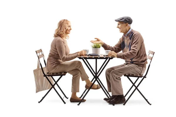 Elderly Man Sitting Table Having Cup Coffee Woman Isolated White — Stock Photo, Image