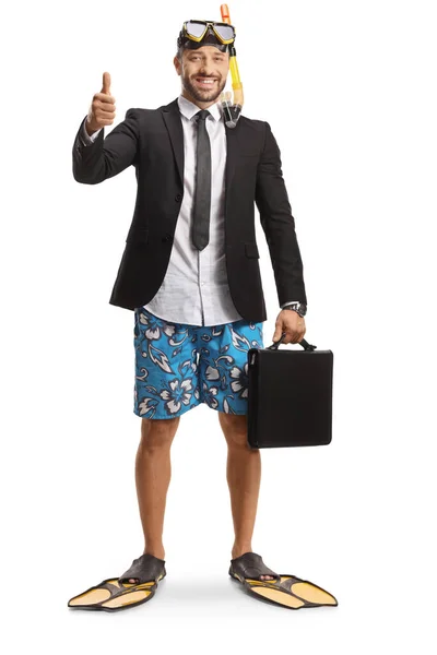 Businessman Swimsuit Snorkelling Fins Mask Holding Briefcase Showing Thumbs Isolated — Stock Photo, Image
