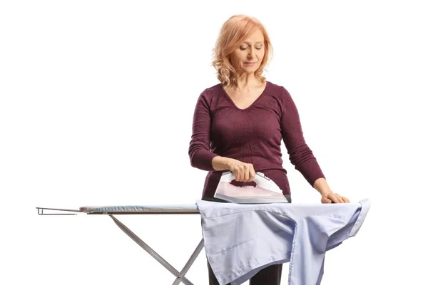 Woman Ironing Shirt Isolated White Background — Stock Photo, Image