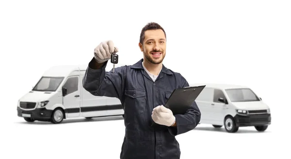 Male Worker Key Clibboard Standing Front Transport Vans Isolated White — Stock Photo, Image