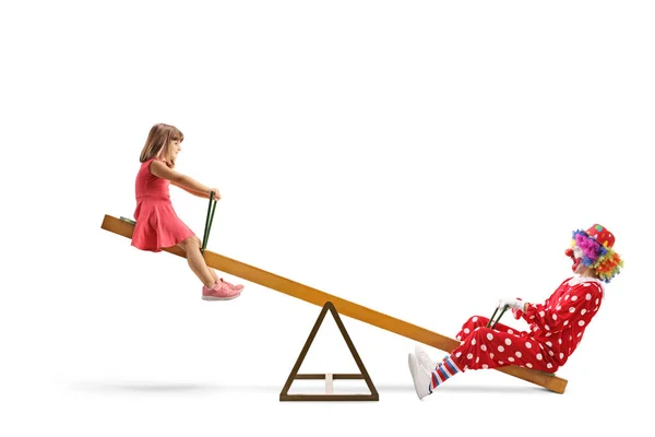 Little Girl Playing Seesaw Clown Isolated White Background — Stock Photo, Image
