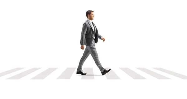 Full Length Profile Shot Professional Man Pedestrian Crossing Isolated White — Stock Photo, Image
