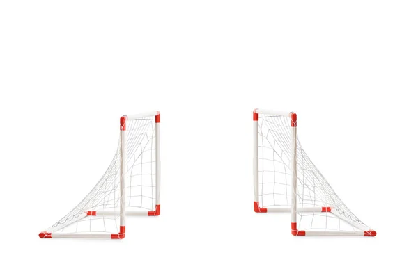 Dwa Mini Piłka Nożna Cele Izolowane Białym Tle — Zdjęcie stockowe
