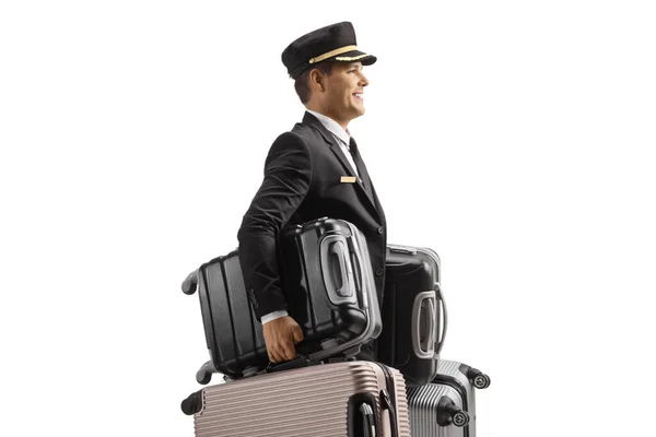 Bellboy Trägt Viele Koffer Isoliert Auf Weißem Hintergrund — Stockfoto