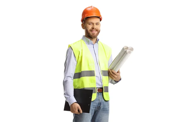Male Engineer Holding Blueprint Clipboard Isolated White Background — Stock Photo, Image