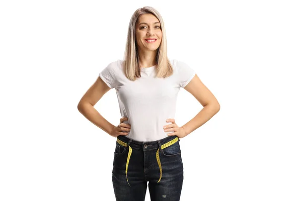 Young Slim Woman Jeans Measuring Tape Her Waist Isolated White — Stock Photo, Image