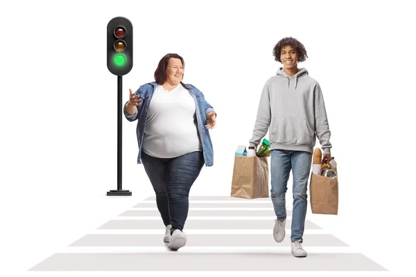 Full Length Portrait Caucasian Overweight Woman Crossing Street Talking African — Stock Photo, Image