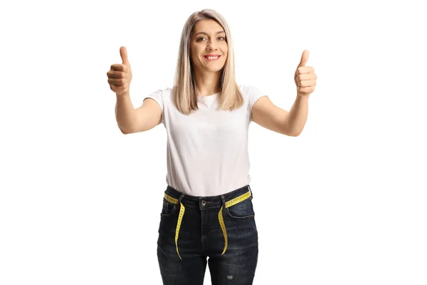Giovane Donna Magra Jeans Con Metro Intorno Alla Vita Gesticolando — Foto Stock